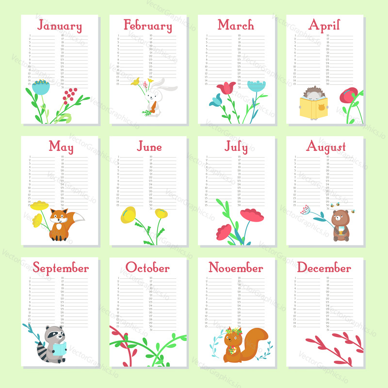 Planner calendar vector template with cute animals squirrel, fox, bear, hedgehog, rabbit, raccoon and floral design. Organizer and schedule with place for notes.