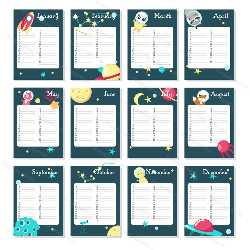 Planner calendar vector template with cute space animals panda, raccoon, cat, fox, rockets, planets, constellations. Organizer and schedule with place for notes.