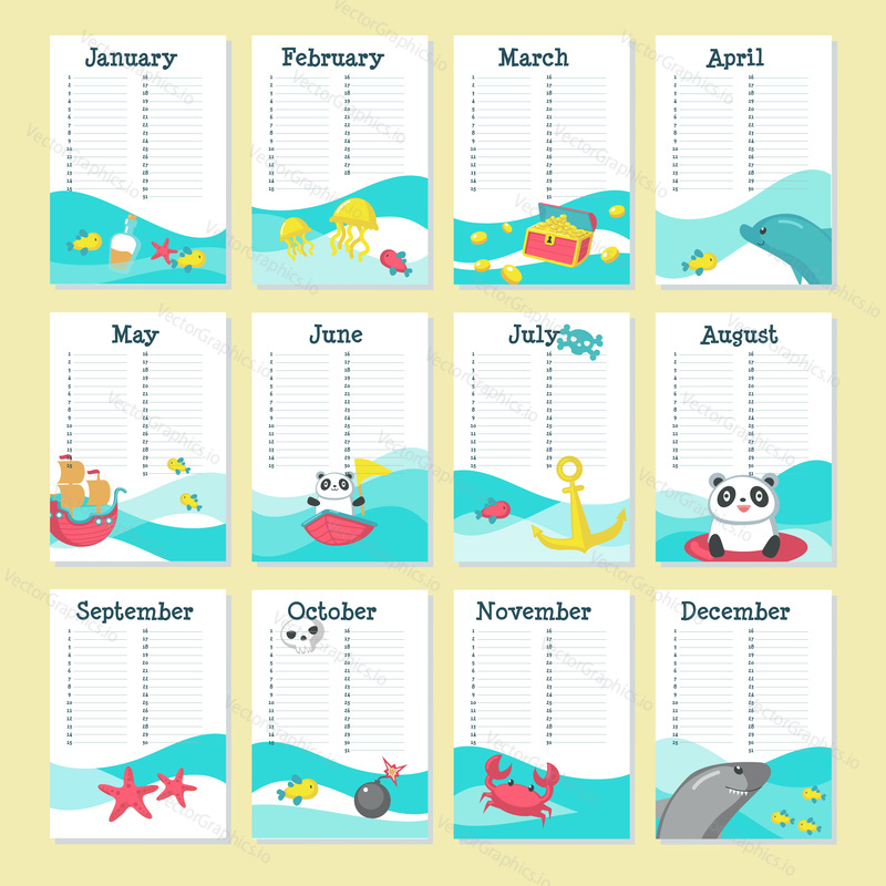 Planner calendar vector template with cute animals, pirate accessories and marine items. Organizer and schedule with place for notes.