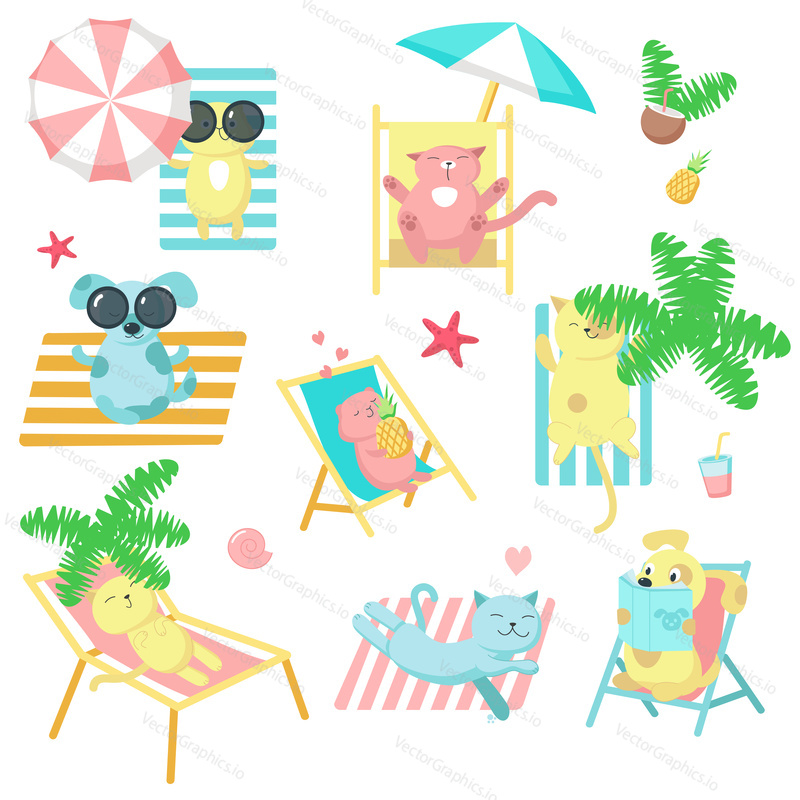 Cute pet animals taking rest on beach icon set. Vector illustration of funny cats, dogs and hamsters enjoying summer beach holidays isolated on white background.