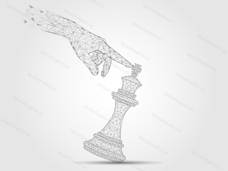 Vector polygonal art style finger tilting king chess piece. Low poly wireframe mesh with scattered particles effect. Checkmate, game is lost concept poster banner design template.