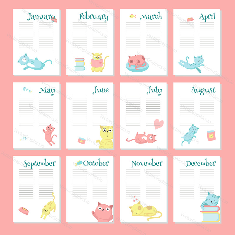 Planner calendar vector template with cute pet cats. Organizer and schedule with place for notes.
