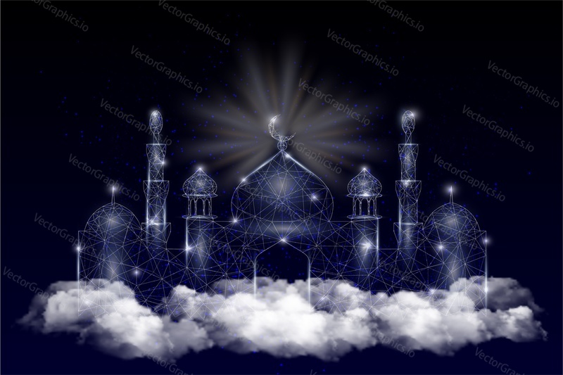 Векторная многоугольная исламская мечеть в художественном стиле, размещенная на облаках. Низкополигональная каркасная сетка с рассеянными частицами и световыми эффектами на темно-синем фоне. Шаблон баннера плаката поздравительной открытки.