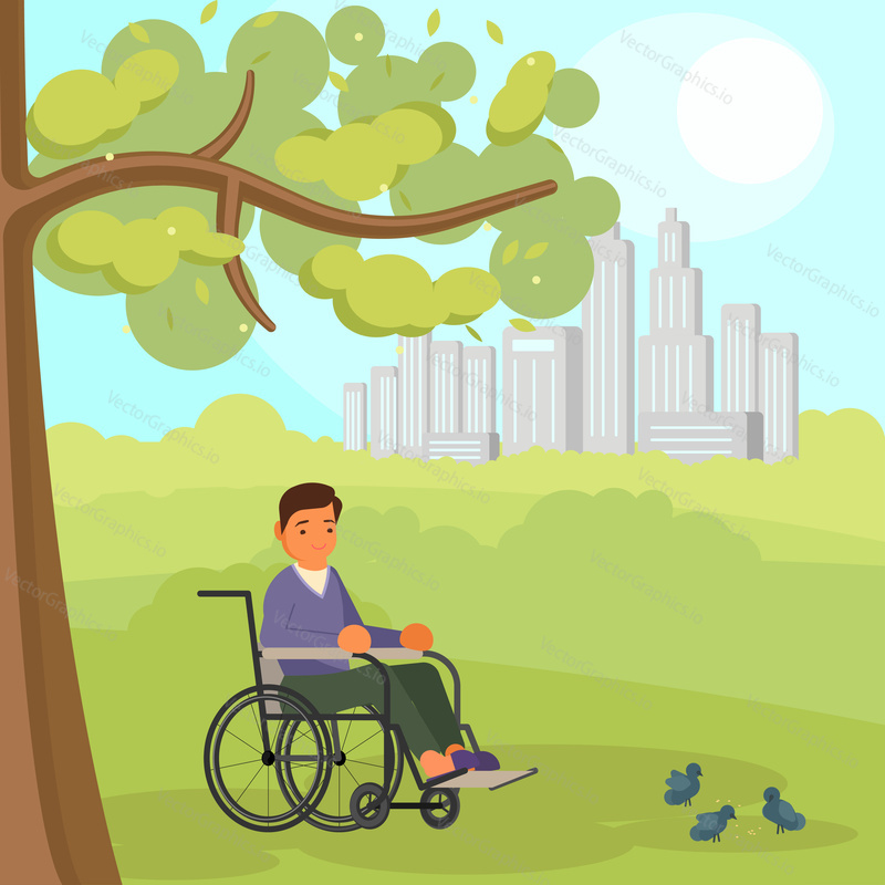 Vector illustration of disabled man in wheelchair walking in park. Flat style design.