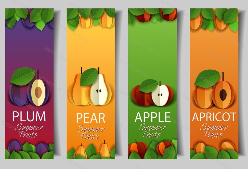Vector set of fruit banners with paper cut ripe fresh red apple, yellow pear, apricot and plum summer fruits.