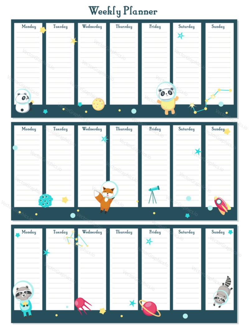 Weekly planner vector template with cute space animals panda, raccoon, fox and rockets, planets, constellations. Organizer and schedule with place for notes.