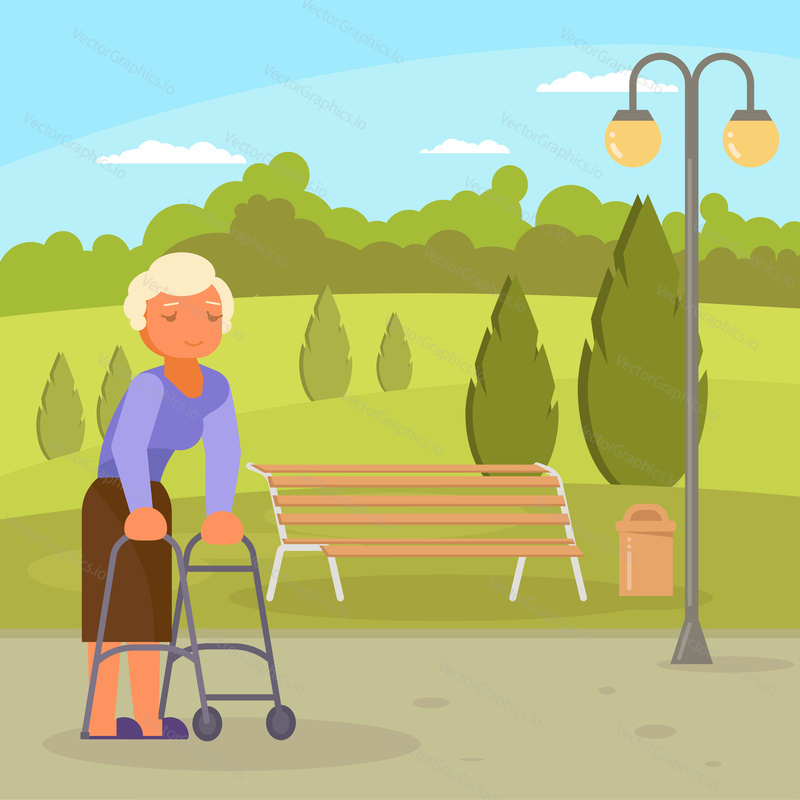 Disabled senior woman walking with wheeled walking frame in park. Vector flat style design illustration.