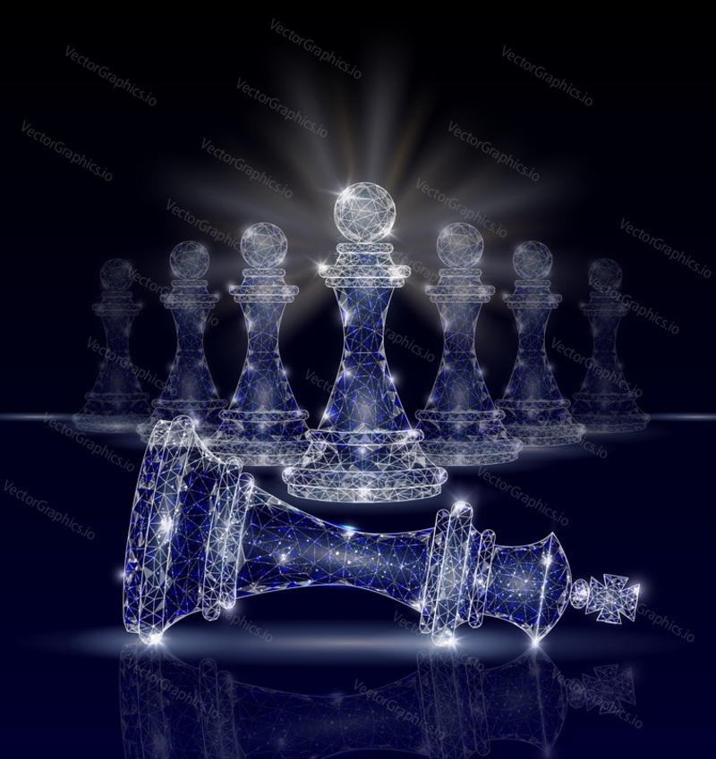 Vector polygonal art style king chess piece defeated by pawns. Low poly wireframe mesh with light effects on dark blue background. Revolution concept poster banner template.