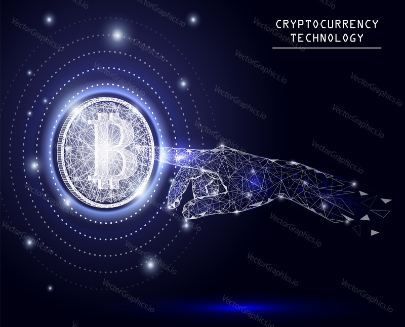 Vector polygonal art style hand touch gesture. Low poly wireframe mesh with scattered particles and light effects on dark blue background. Bitcoin hand touch concept poster banner design template.