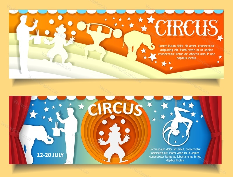 Vector set of circus web banner templates with paper cut circus arena and performers aerial acrobat, magician, trained elephant, clown juggler, bodybuilder.