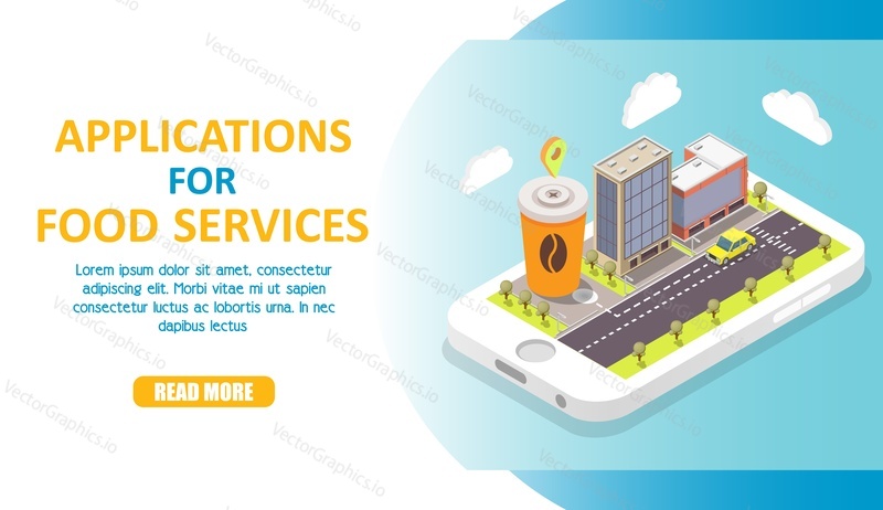 Applications for food services web banner, template. Vector isometric smartphone with car going down city street with buildings and coffee cup with map marker on screen, copy space, read more button.