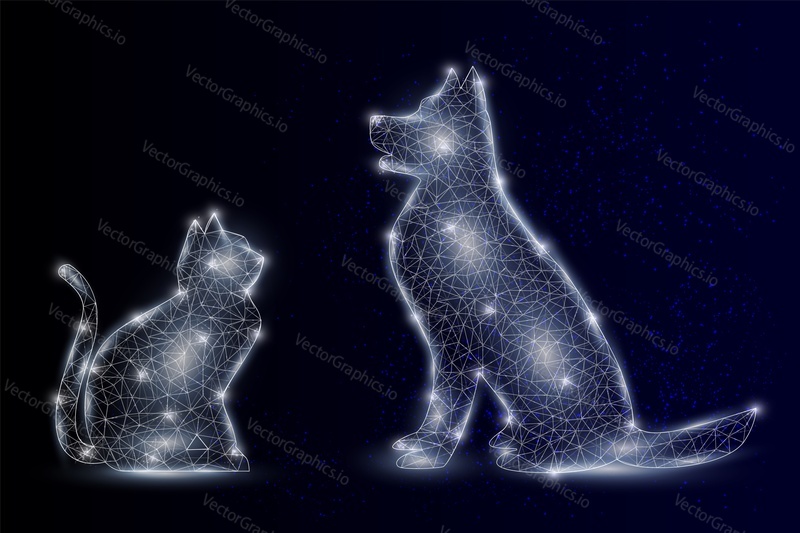 Vector polygonal art style dog and cat. Pet animals low poly wireframe mesh with scattered particles and light effects on dark blue background. Card poster banner design template.