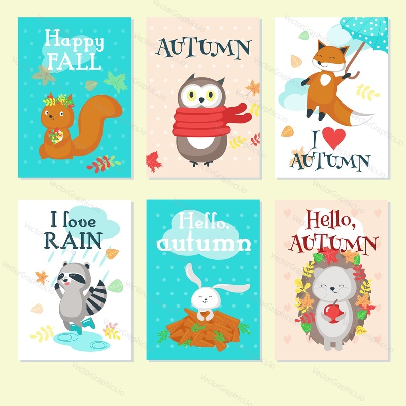 Vector set of autumn cards with cute animals and handwritten autumn quotations. Funny animals squirrel, hedgehog, owl, fox, rabbit and raccoon with autumn leaves, umbrella, apple, carrot etc.