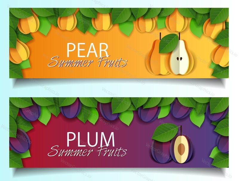 Vector set of fruit banners with paper cut ripe fresh yellow pear and purple plum fruits.