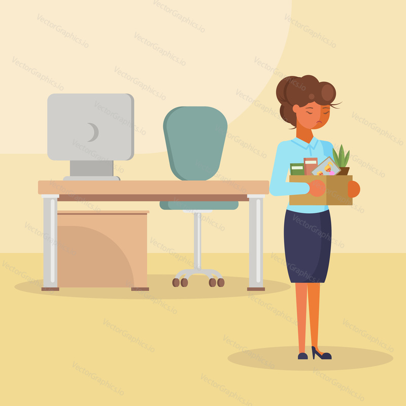 Job losses, unemployment concept vector flat isolated illustration. Dismissed frustrated and sad woman going out from office room while holding box with her personal things.