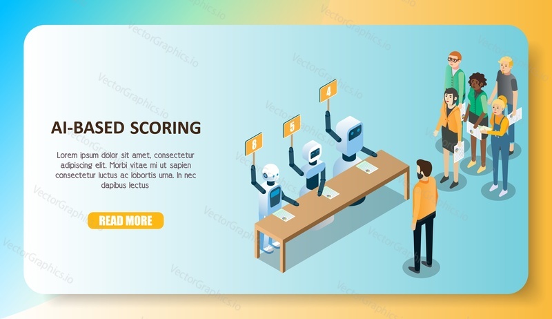 AI-based scoring concept. Vector isometric illustration of ai robot machines holding sign boards with numbers and people waiting in queue for machine learning scoring of their creditworthiness.