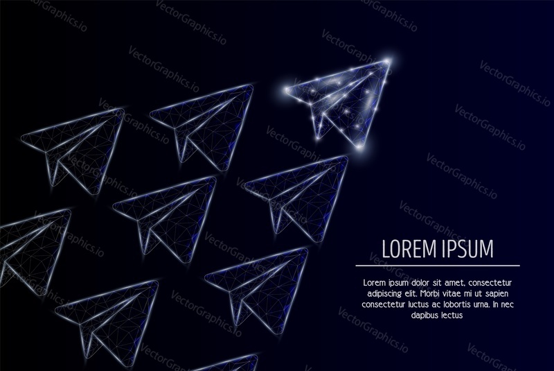 Vector polygonal art flying paper airplanes. Low poly wireframe mesh with scattered particles and light effects on dark blue background. Leader concept poster banner design template with copy space.