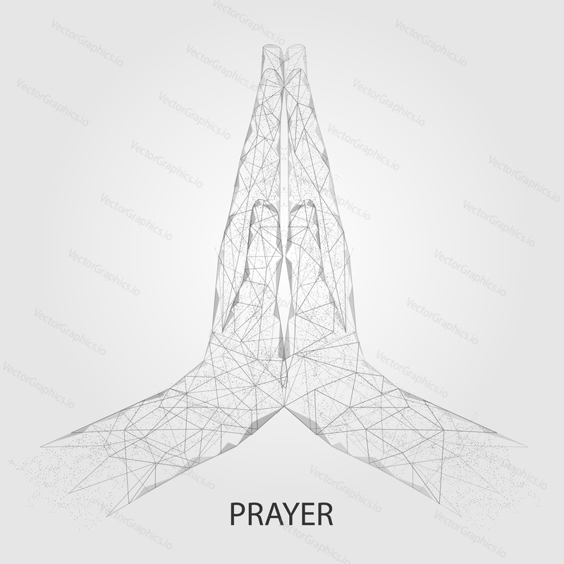 Vector polygonal art style praying hands. Low poly wireframe mesh with scattered particles effect. Card poster banner design template.