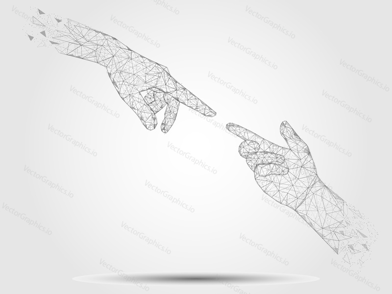 Vector polygonal art style human touching hands. Low poly wireframe mesh with scattered particles effect. Poster banner design template.