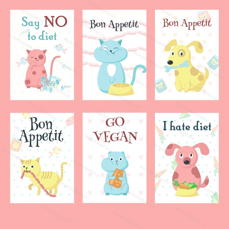 Vector set of cards with cute pet animals and handwritten inspirational quotations. Funny cats, dogs and hamsters eating their favourite food fish, sausages, canned food, cheese.