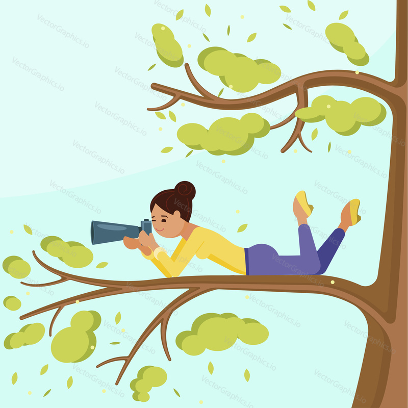 Paparazzi photographer young girl taking photo of famous person or people while lying on branch of tree. Vector flat style design illustration.