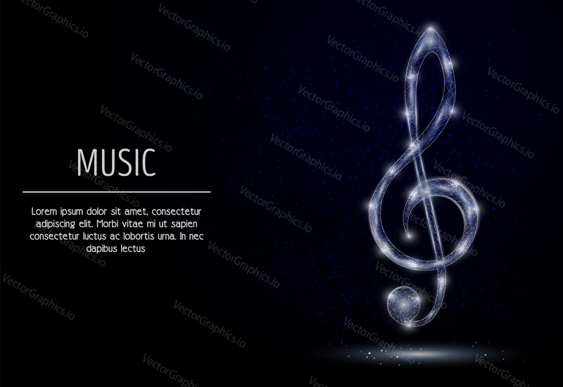 Vector polygonal art style treble clef. Low poly wireframe mesh with scattered particles and light effects on dark blue background. Music poster banner template with copy space.