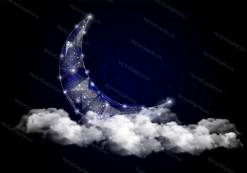 Vector polygonal art style night sky with crescent moon and clouds. Low poly wireframe mesh with scattered particles and light effects on dark blue background. Greeting card poster banner template.
