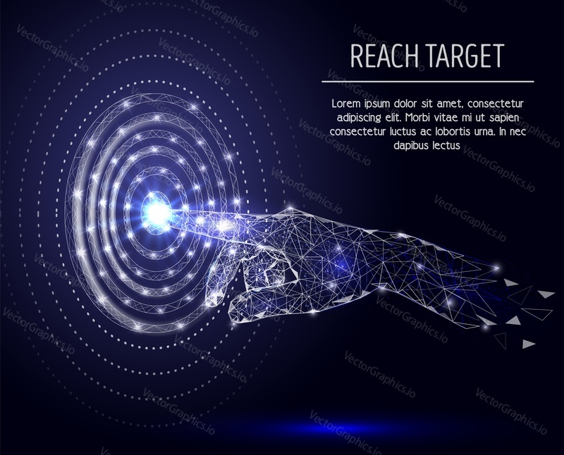 Vector polygonal art style human hand touching glowing point at target circle. Low poly wireframe mesh with light effects on dark blue background. Reach target poster banner template with copy space.