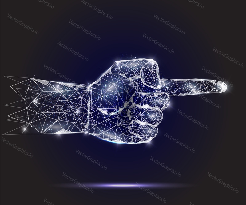 Vector polygonal art style pointing hand gesture. Low poly wireframe mesh with scattered particles and light effects on dark blue background. Poster banner design template.