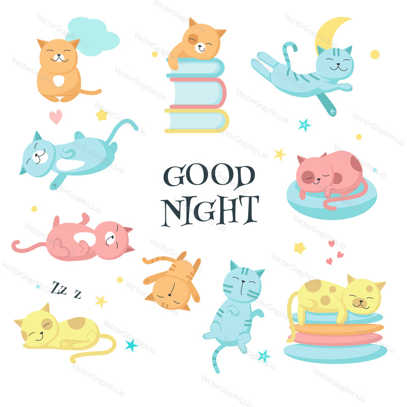 Sleeping cute cats icon set for greeting card, invitation, poster, sticker, print. Vector illustration of funny color kittens isolated on white background.