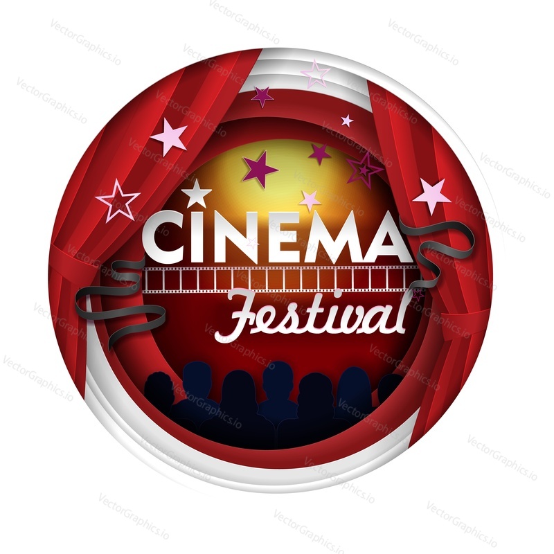 Cinema festival poster banner design template. Vector paper cut cinema decorations with filmstrip, audience in circle frame.