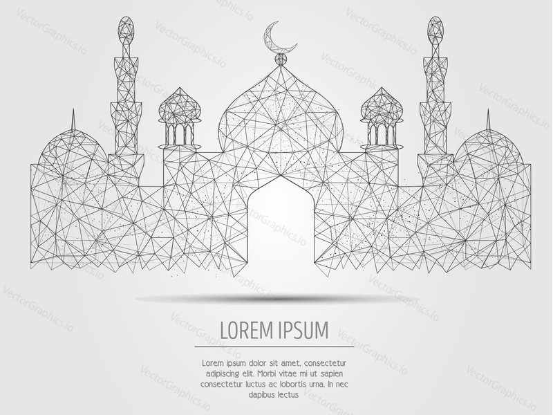 Vector polygonal art style islamic mosque. Low poly wireframe mesh with scattered particles effect. Greeting card poster banner design template with copy space.
