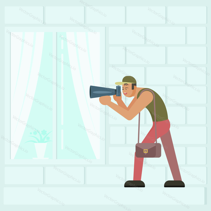 Paparazzi photographer young man taking photo of famous person or people while hiding outside window. Vector flat style design illustration.