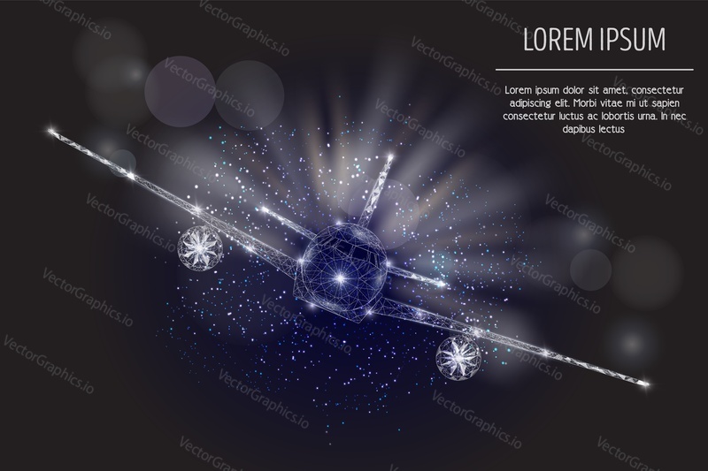 Vector polygonal art style airliner. Airplane low poly wireframe mesh with scattered particles and light effects on dark blue background. Airlines poster banner design template with copy space.