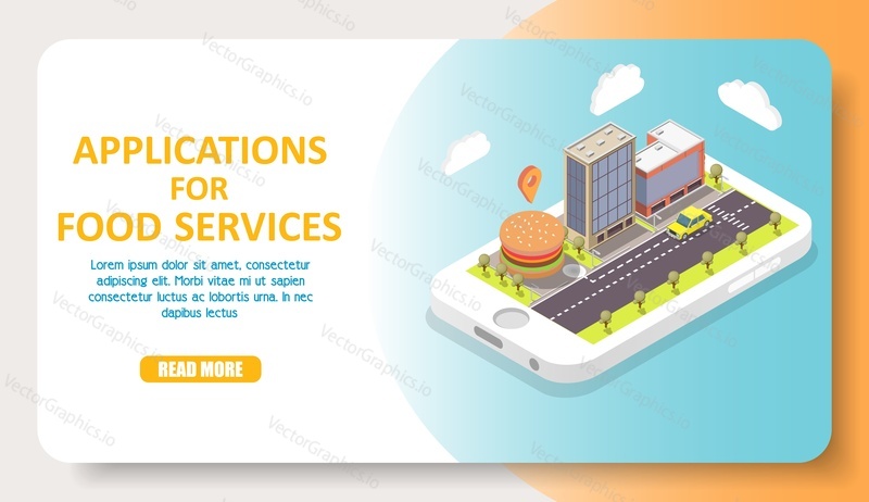 Applications for food services web banner, template. Vector isometric smartphone with car going down city street with buildings and burger with map marker on screen, copy space, read more button.