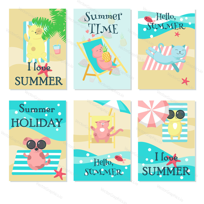 Vector set of cards wirh cute pet animals taking rest on beach and handwritten summer quotations. Vector illustration of funny dogs, cats, hamster enjoying summer beach holidays.
