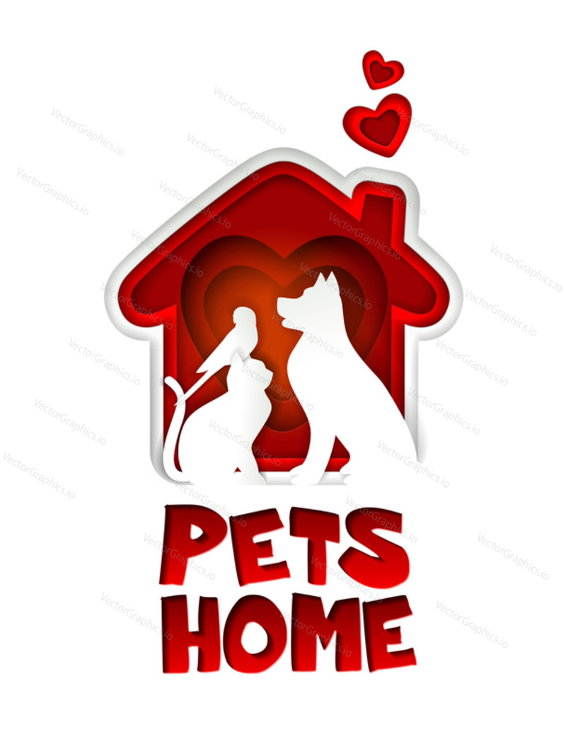 Pets home logo design template. Vector paper art illustration of red dog house with heart shape and dog, cat and parrot silhouettes in it.