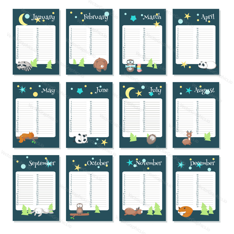 Planner calendar vector template with cute sleeping animals squirrel fox hedgehog rabbit raccoon bear owl deer panda and night sky with moon, stars design. Organizer and schedule with place for notes.