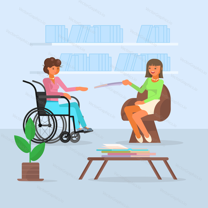 Vector illustration of disabled woman in wheelchair enjoying meeting with her friend young woman. Flat style design.