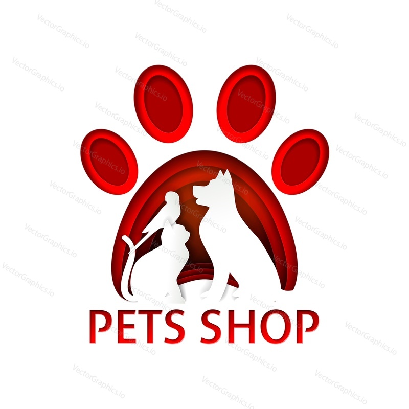Pets shop logo design template. Vector paper art illustration of red paw print and dog, cat and parrot silhouettes in it.