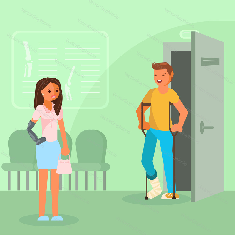 Vector illustration of temporarily disabled people visiting doctor. Man with broken leg using crutches and woman with broken arm in plaster. Flat style design.