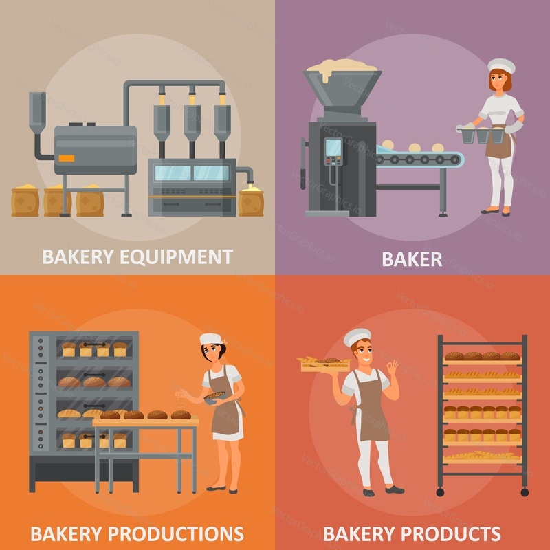Bakery vector poster banner set. Bakery equipment, Baker, Bakery production and Bakery products flat style design elements.