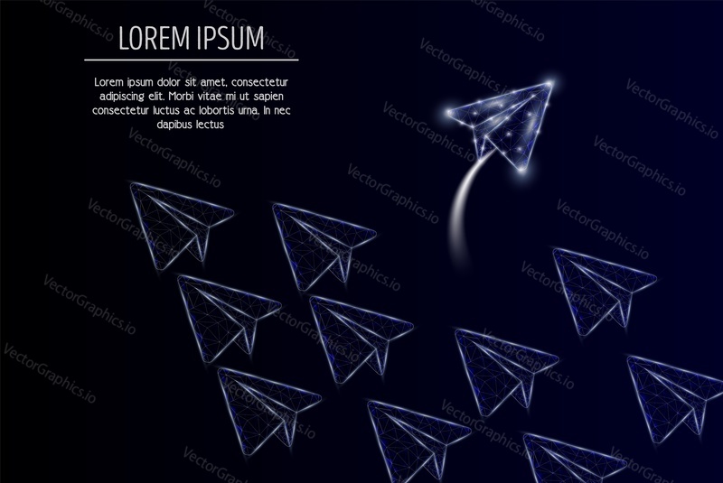 Vector polygonal art group of flying paper planes, one of them is changing direction. Low poly wireframe mesh with light effects. Different thinking concept poster banner template with copy space.