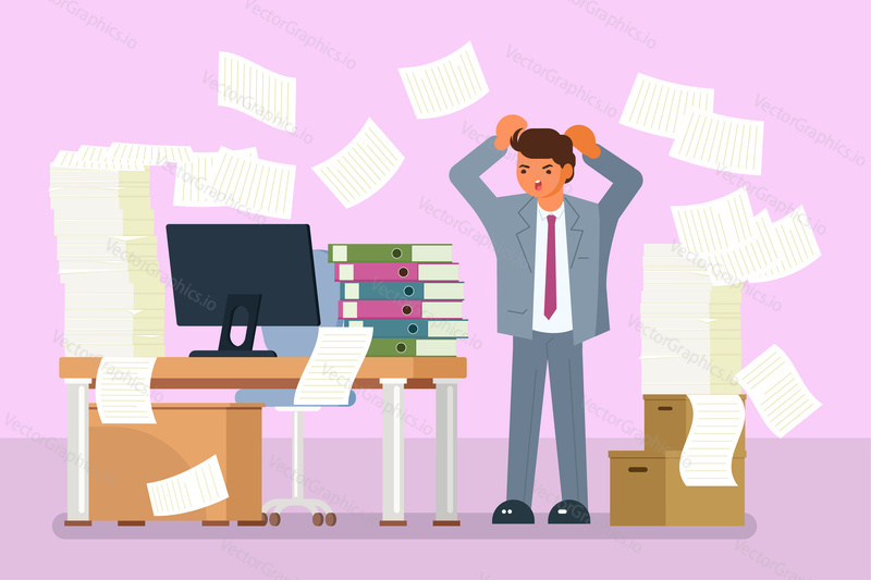 Depressed young man standing at office table full of folders and documents. Vector flat style design illustration. Overloaded, exhausted and stressed office worker because of doing paperwork.