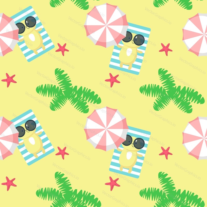Vector seamless pattern with cute cat taking rest on beach. Summer beach background, wallpaper, fabric, wrapping paper design