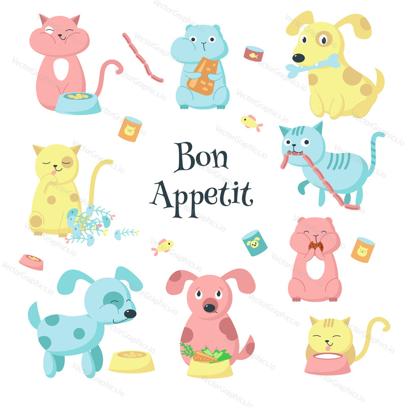 Cute pet animals with food icon set and Bon appetit handwritten quote. Vector illustration of funny cats, dogs and hamsters eating fish, sausages, canned food, cheese etc. isolated on white background