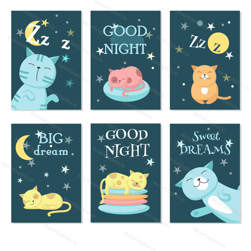 Vector set of cards with cute sleeping cats and handwritten quotations. Vector illustration of funny cats with night sky landscape.