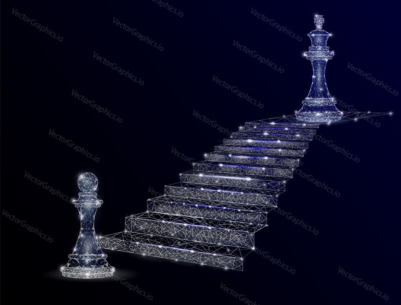 Vector polygonal art style stairway with pawn and king chess pieces. Low poly wireframe mesh with scattered particles and light effects on dark blue background. Path to success poster banner template.