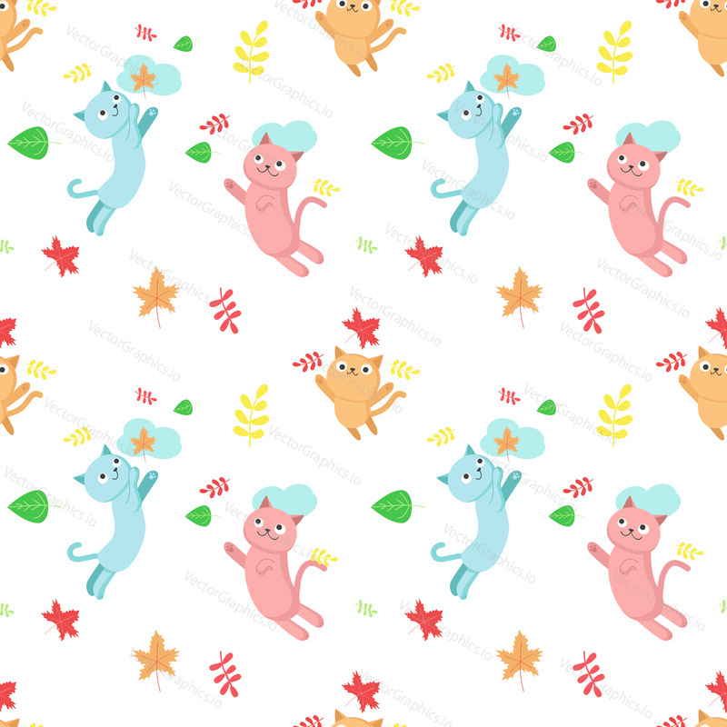 Vector seamless pattern with cute cats, clouds and autumn leaves. Autumn background, wallpaper, fabric, wrapping paper design.