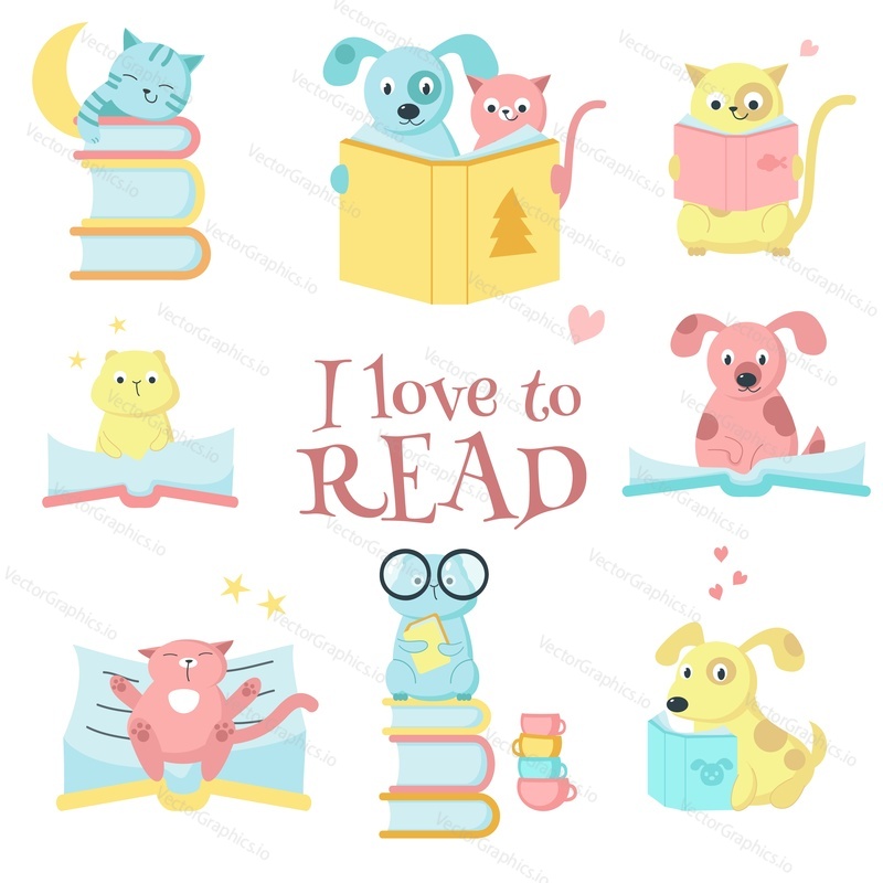 Cute pet animals with books icon set and I love to read handwritten quote. Vector illustration of funny cats, dogs and hamsters reading books isolated on white background.